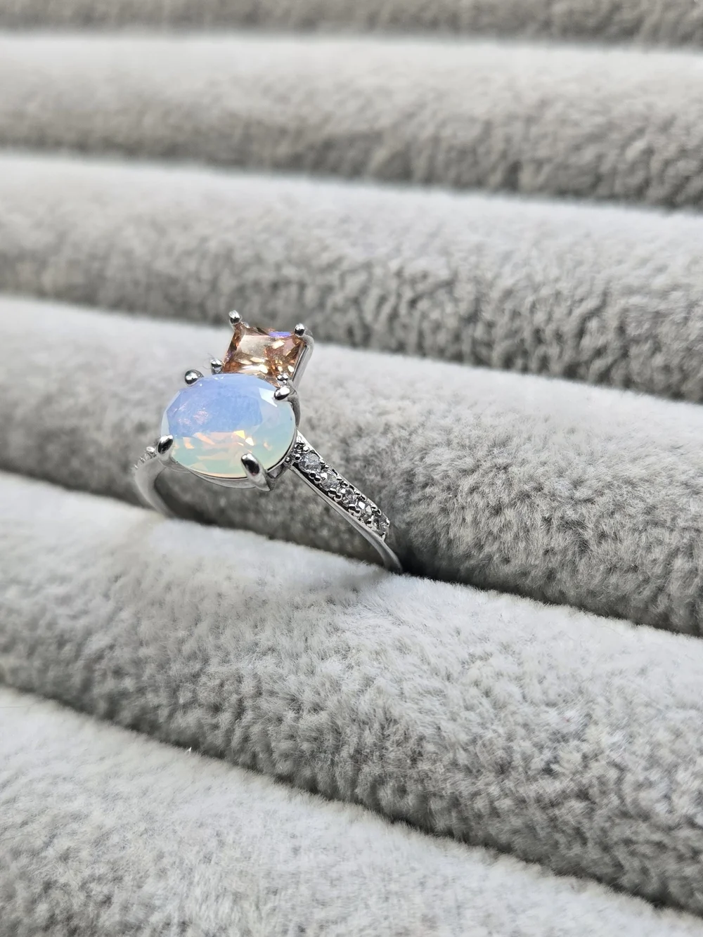 Bomb Party Ring Sz 7 RBP7477 ‘Journey Beyond’ White Opal & Smokey Topaz/Rhodium